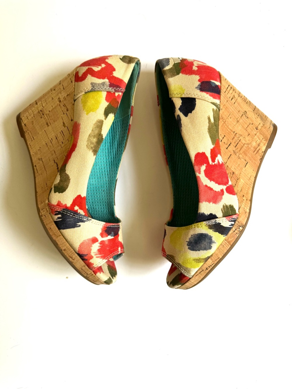 Toms Floral Canvas Cork Wedge Peep-Toe Sandals - Red Multi Sz- 6